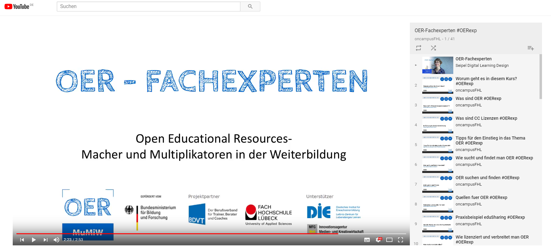 Screenshot der OER-Fachexperten: Playlist auf YouTube